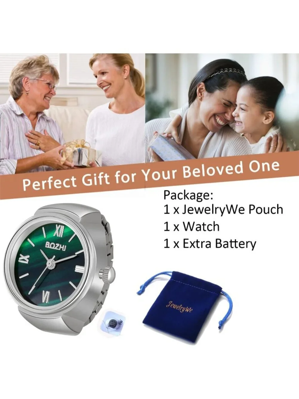 Women's Silver Green Quartz Stretchy Band Elastic Simple Dial Finger Ring Watch